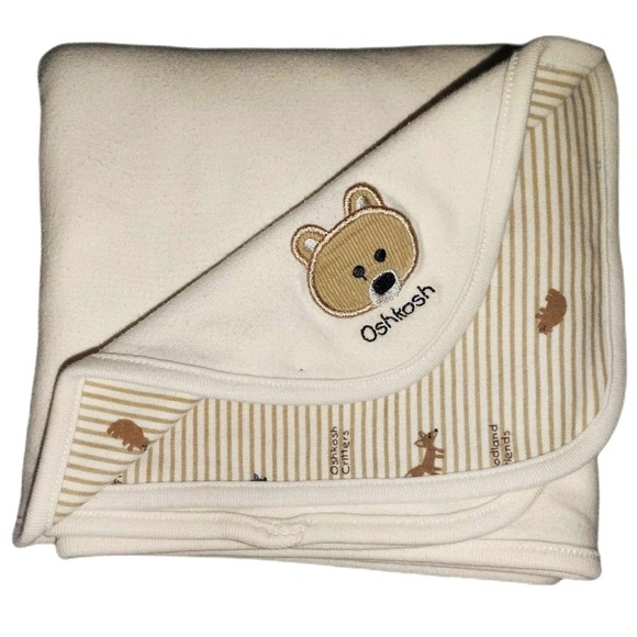 Oshkosh Critters Woodland Friends Cotton Bear Blanket Beige Brown Stripe Baby - Picture 1 of 5